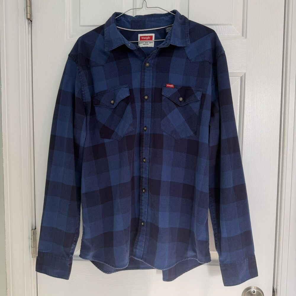 Wrangler Shirt Button Down Long Sleeve Blue Buffalo Plaid Western Men’s Large